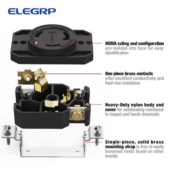 ELEGRP NEMA L5-30R Locking Receptacle, Generator Twist Lock Turnlok Outlet,  30 Amp 125V 2 Pole 3 Wire Grounding, Industrial Grade Heavy Duty, UL