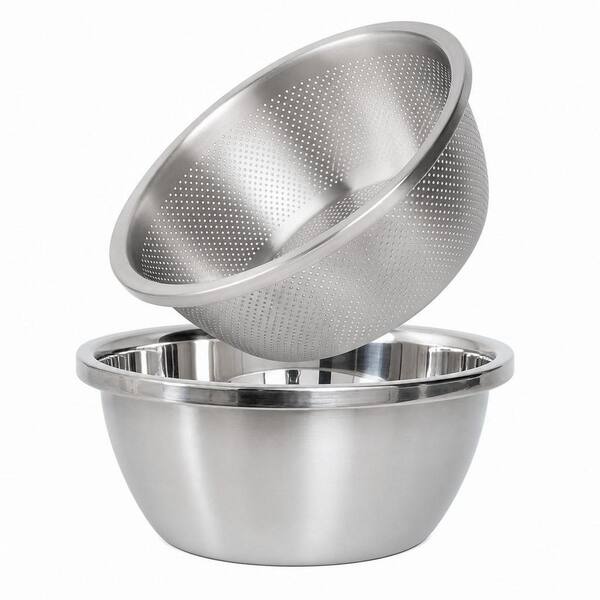 2-Piece 304 Stainless Steel Colander, Mixing Bowl Set with 2mm Microporous Drainage, Silver Colors 2QT Kitchen Prep Tool
