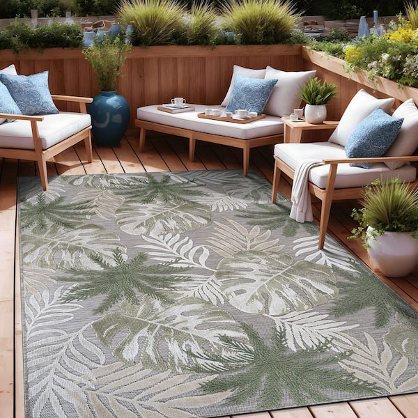 Jungle Green 8 ft. x 10 ft. Washable Tropical Floral Indoor