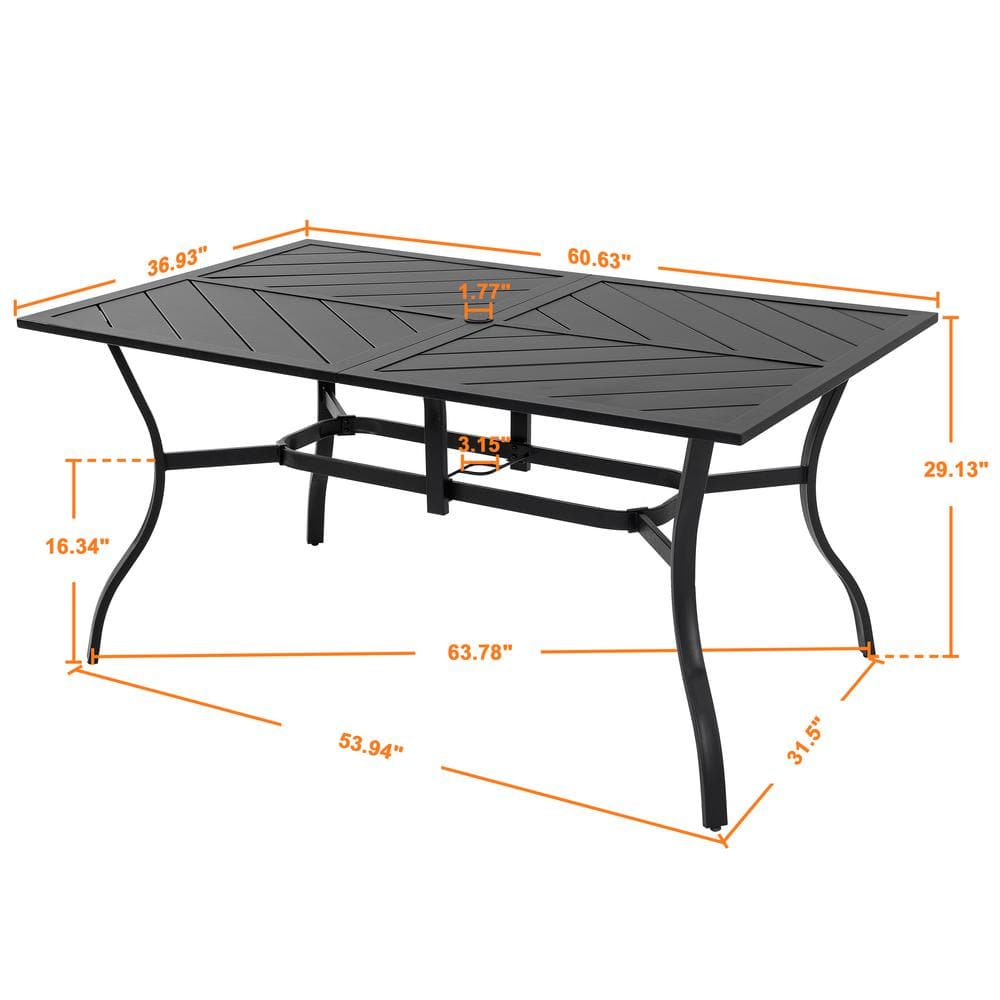 Black Powder-Coated Iron Outdoor Dining Table with Umbrella Hole