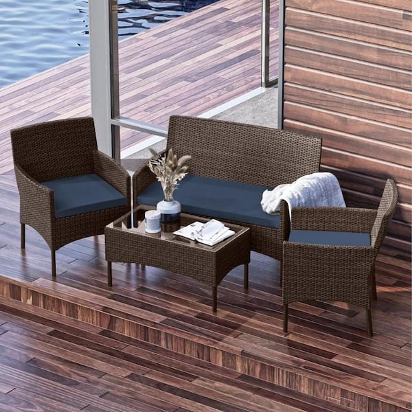 HEARTH & HARBOR 4-Piece Brown Patio Outdoor Furniture Wicker Conversation Set with Blue Cushions, 1-Loveseat, 2-Chairs and Coffee Table