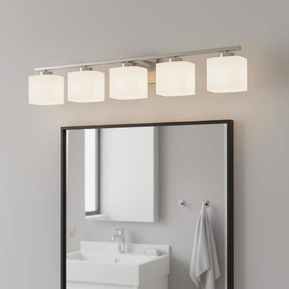 40 in. 5-Light Nickel Modern Square Vanity Light with Milk White Glass Shades for Bathroom, Bedroom, Hallway price history on PriceWatchPro