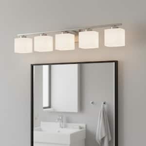 40 in. 5-Light Nickel Modern Square Vanity Light with Milk White Glass Shades for Bathroom, Bedroom, Hallway