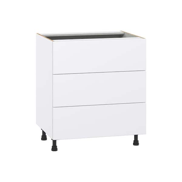 J COLLECTION Timberline 30 in. W x 24 in. D x 34.5 in. H Assembled Slab Drawer Base Kitchen Cabinet in Bright White with 3-Drawers
