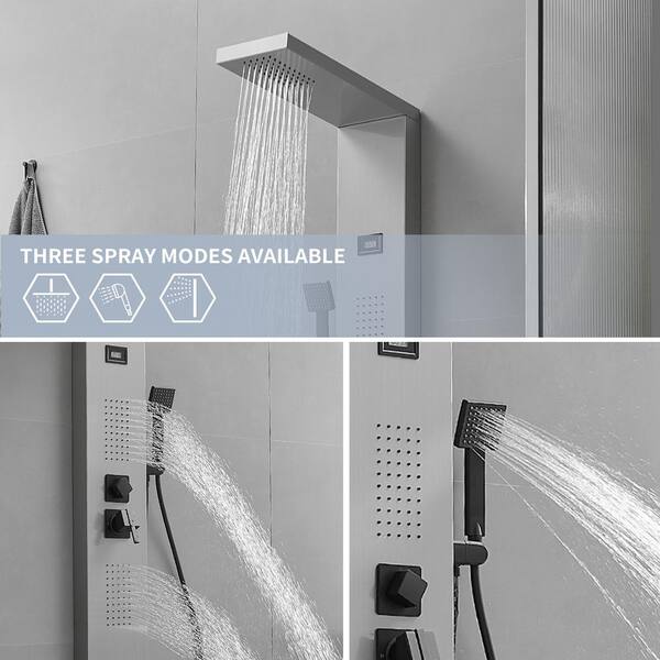 ROVOGO 6 Body Jets Shower Panel System With Rainfall Waterfall Shower Head And Handheld, Shower Tower Column With Temperature Display In Brushed