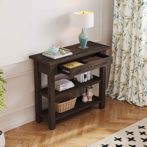 Polibi 36 in. Espresso Rectangle Wood Console Table with Drawer and 2-Sturdy Shelves for Entryway, Living Room