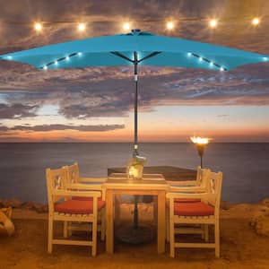 10 ft. x 6.5 ft. Rectangle Solar LED Outdoor Patio Market Table Umbrella with Push Button Tilt and Crank in Lake Blue