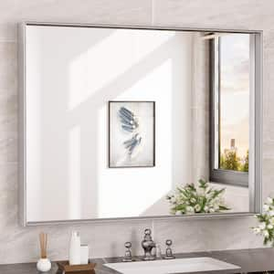 40 in. W x 30 in. H Rectangular Framed Aluminum Square Corner Wall Mount Bathroom Vanity Mirror in Brushed Silver