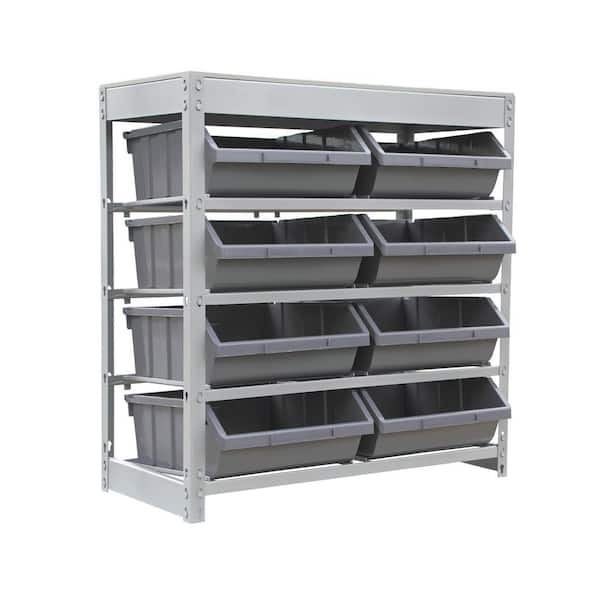 King's Rack Gray 4-Tier Boltless Bin Storage Shelving System Garage Storage Rack (12 Plastic Bins in 4 Tier) GT0908