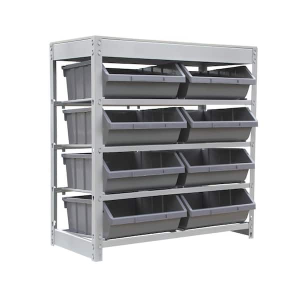 Gray 4-Tier Boltless Bin Storage Shelving System Garage Storage Rack (8 Plastic Bins in 4 Tier)