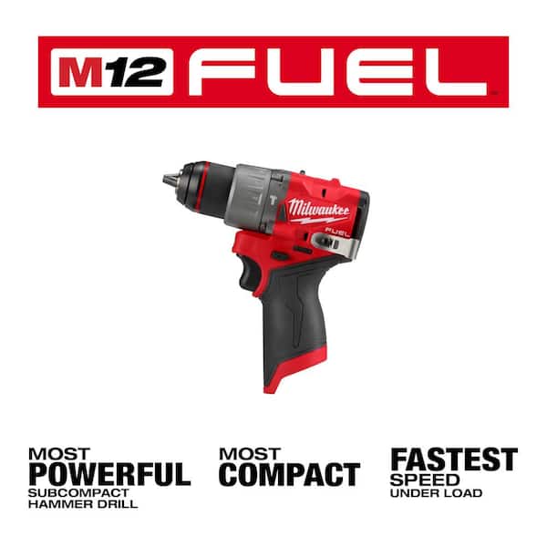 Milwaukee M12 FUEL 12-Volt Li-Ion Brushless Cordless 1/2 in. Hammer Drill w 2.0Ah Battery, Charger & PACKOUT Hole Saw Set (10-Pc)