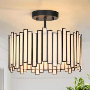 Modern 3-Light Drum Semi-Flush Mount 12.6 in. Vintage Painted Black Ceiling Light with Stained Glass Shade for Bedroom