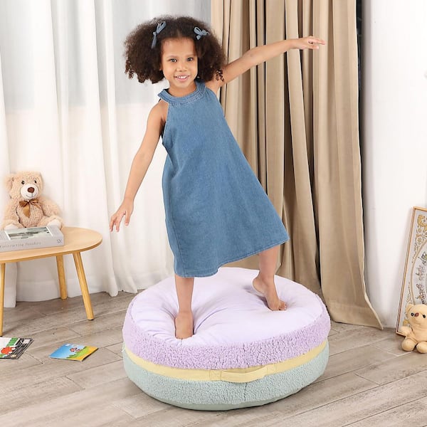 Macaron Series Purple Green Sherpa Upholstery Round Pouf Ottoman