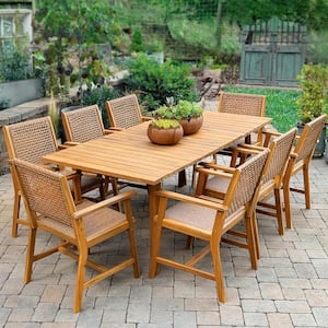 Brown 9-Piece Outdoor Patio Dining Set With Acacia Rectangular Table and Acacia wooden Chairs