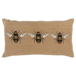 Tan Bumble Bee Design Cotton Poly Filled 14 in. X 26 in. Decorative Throw Pillow