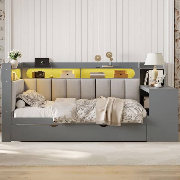 Gray Full Daybed with Storage Shelves, Trundle, Charging Station, LED Light, Desk and Upholstered Headboard and Backrest