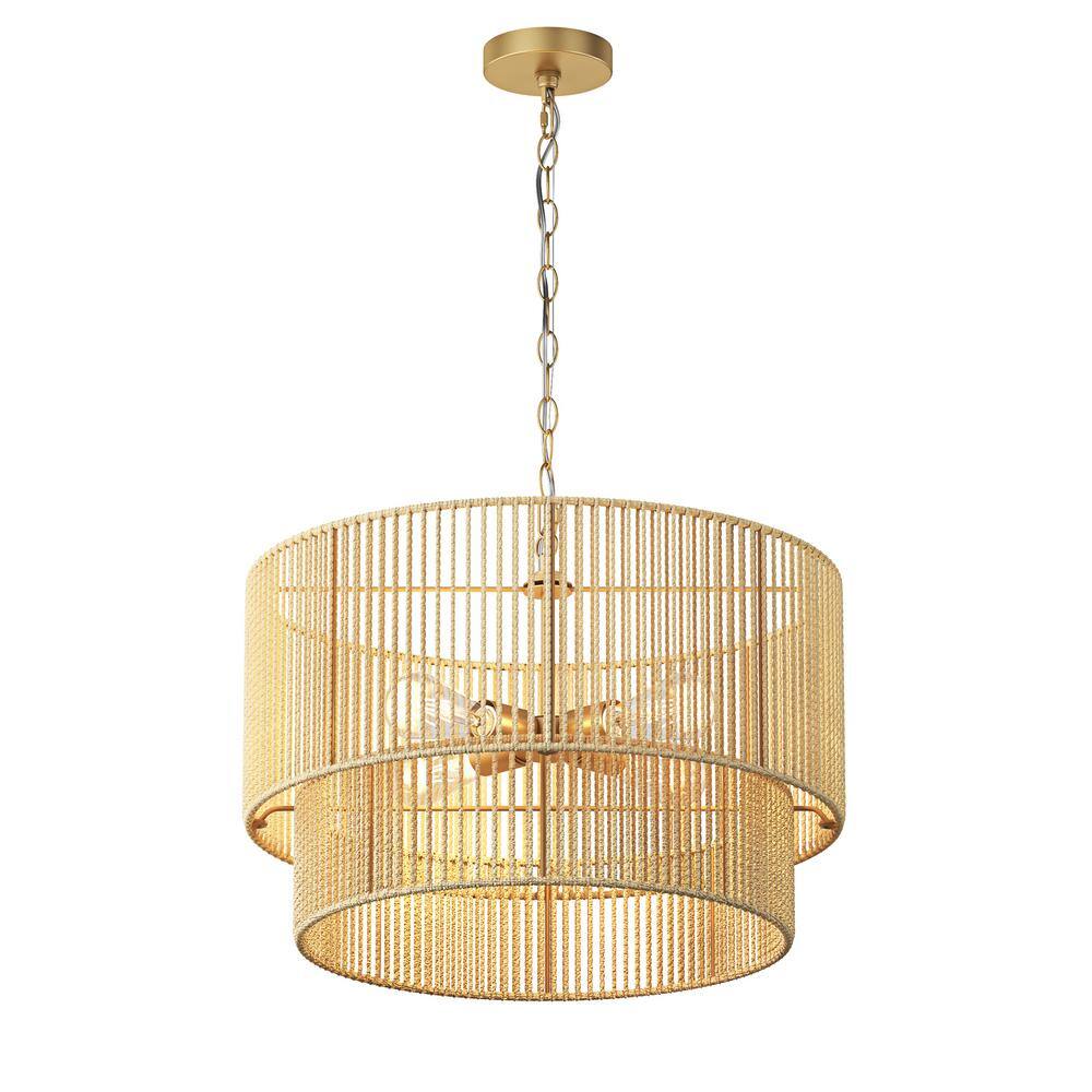 22.04 in. 4-Light Gold Woven Rattan Chandelier Natural Simple Hand Weaved C