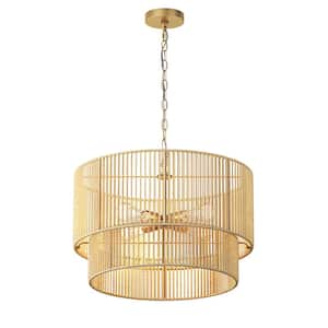 22.04 in. 4-Light Gold Woven Rattan Chandelier Natural Simple Hand Weaved Coastal Beach Rope Hanging Pendant Light