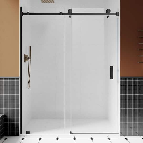UKS05 56 to 60 in. W x 80 in. H U-Channel Sliding Frameless Shower Door in Matte Black, EnduroShield 3/8 in. Clear Glass
