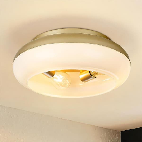 JAZAVA 15 in. 3-Light Antique gold Vintage Flush Mount with White Glass Shade and No Bulbs Included 1-Pack