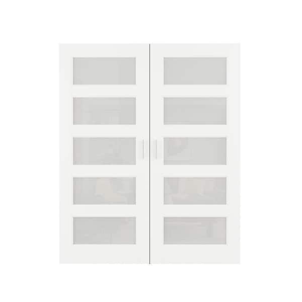 60 in. x 80 in. 5-Lite Frosted Glass White Solid Core French Door without Jamb Double Interior Door Slab with Ball Catch