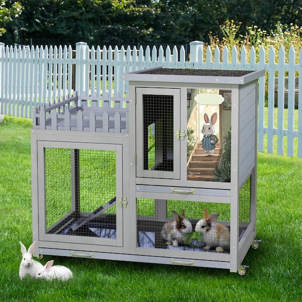 Rabbit Hutch with Balcony and Universal Wheels