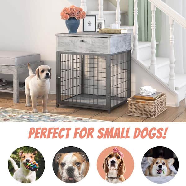 Foobrues Dog House Dog Food Storage Cabinet with Stainless Steel Double Pull Out Raised Dog Bowls for Small Dog, Black+Vintage