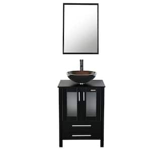 24 in. W x 20 in. D x 32 in. H Single Sink Bath Vanity in Black with Brown Vessel Sink Top ORB Faucet and Mirror