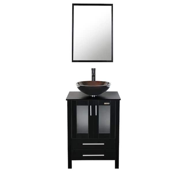 eclife 24 in. W x 20 in. D x 32 in. H Single Sink Bath Vanity in Black with Brown Vessel Sink Top ORB Faucet and Mirror