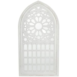 52 in. x 28 in. Carved Oval Framed White Wall Mirror with Arched Window Panes