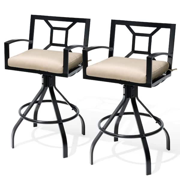 Swivel Metal Aluminum Outdoor Bar Stool with Sunbrella Canvas Antique Beige Cushion (2-Pack)
