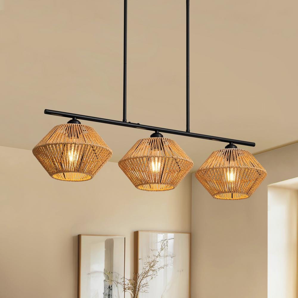 Pacific Core 3-Lights Black Rattan Caged Chandelier Hanging Light Fixture for Kitchen Island with No Bulbs Included HDSAT-RM006-01 - The Home Depot