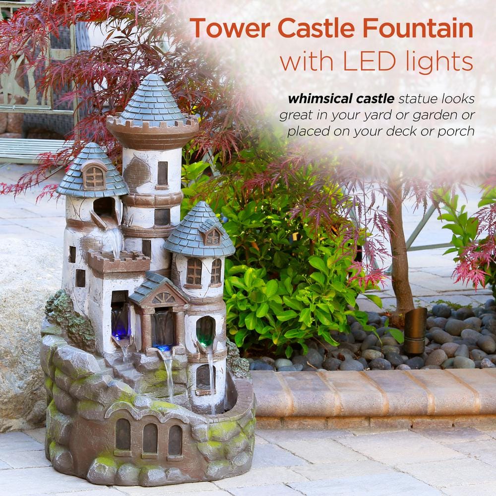 35" Gray Cement Outdoor Castle Fountain with LED Lights