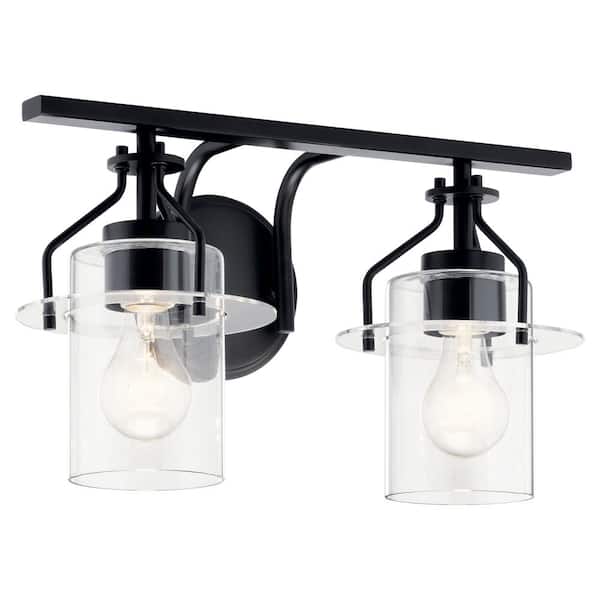 KICHLER Everett 16 in. 2-Light Black Vintage Bathroom Vanity Light with Clear Glass