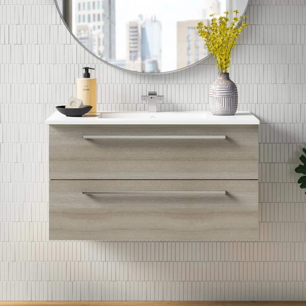 Aria 36" Gray Wall-Mount Single Sink Vanity with Marble Top