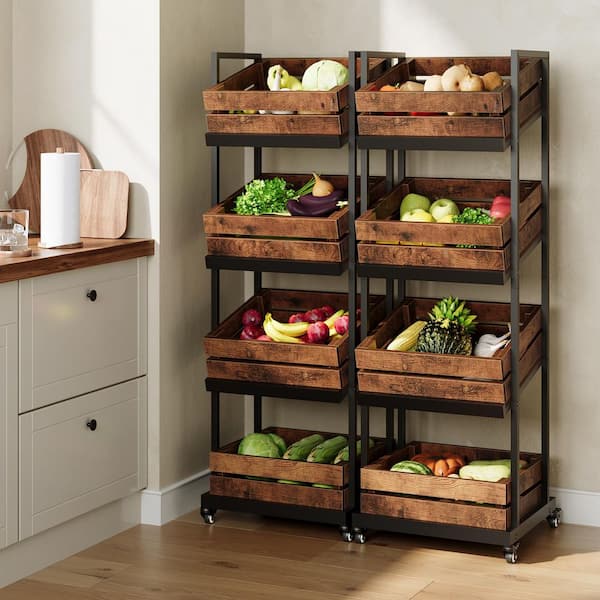 59 in. H Brown Wood 4-Tier Kitchen Cart Mobile Fruit and Vegetable Storage Utility Shelf Organizer Rack with Wheels