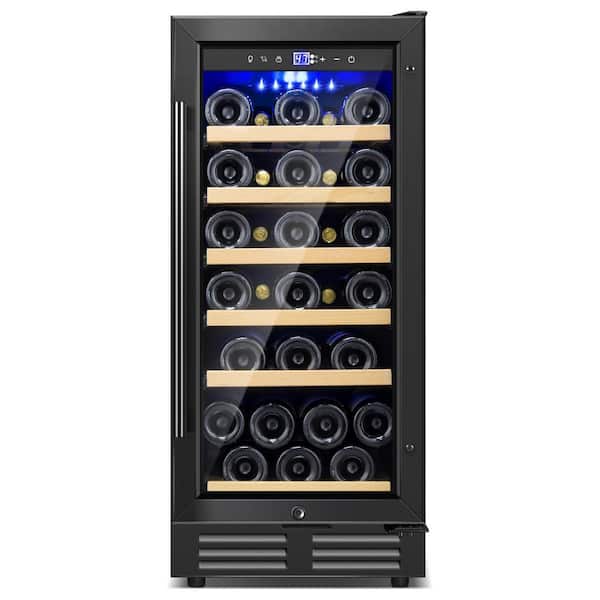15 in. 30-Bottle Single Zone Wine Cooler in Black Built-in or Freestanding with Childproof Lock Auto Blue Lighting