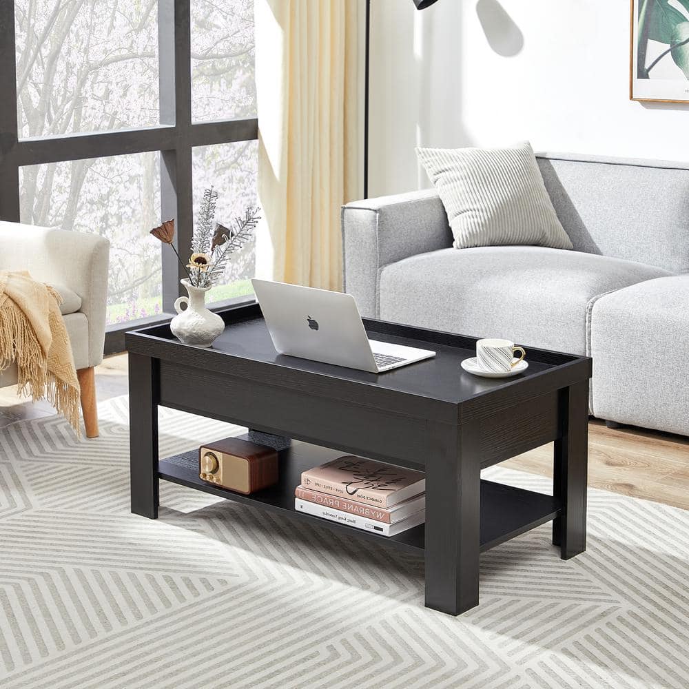 Black Metal and Wood Lift-Top Rectangular Coffee Table