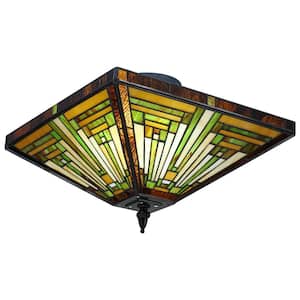 13.78 in. 2-Light Vintage Elegant Multi-Colored Stained Glass Semi-Flush Mount Ceiling Light