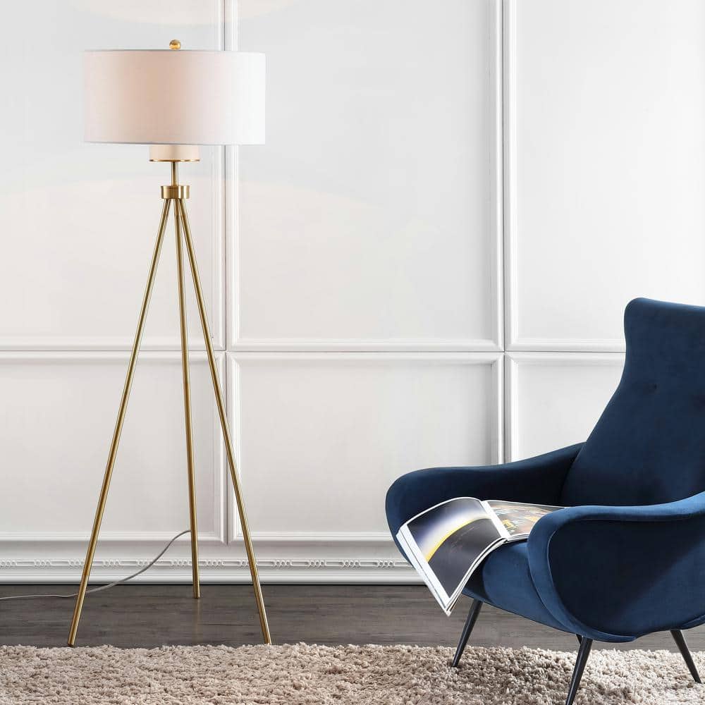 Gold Tripod Floor Lamp with White Drum Shade