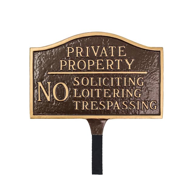 Montague Metal Products Private Property, No Soliciting, No Loitering Small Statement Plaque with Lawn Stake - Oil Rubbed/Gold