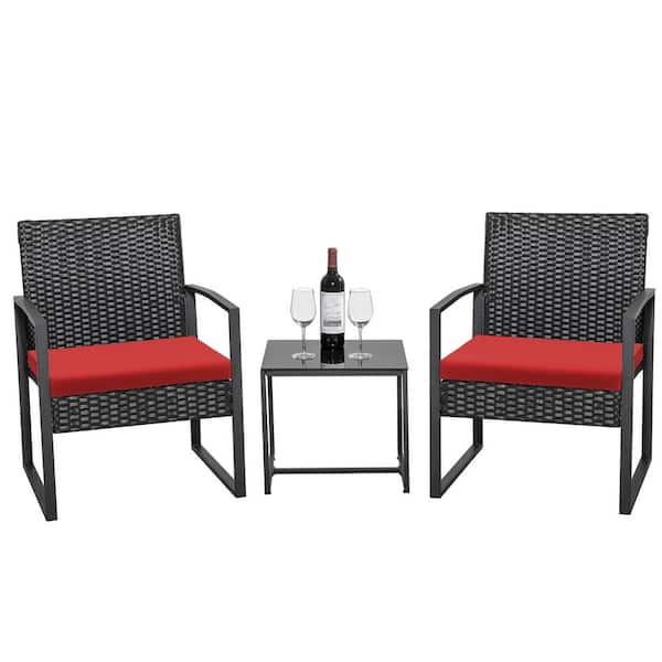 Tozey Black 3-Piece Patio Sets Steel Outdoor Wicker Patio Furniture Sets Outdoor Bistro Set with Red Cushion