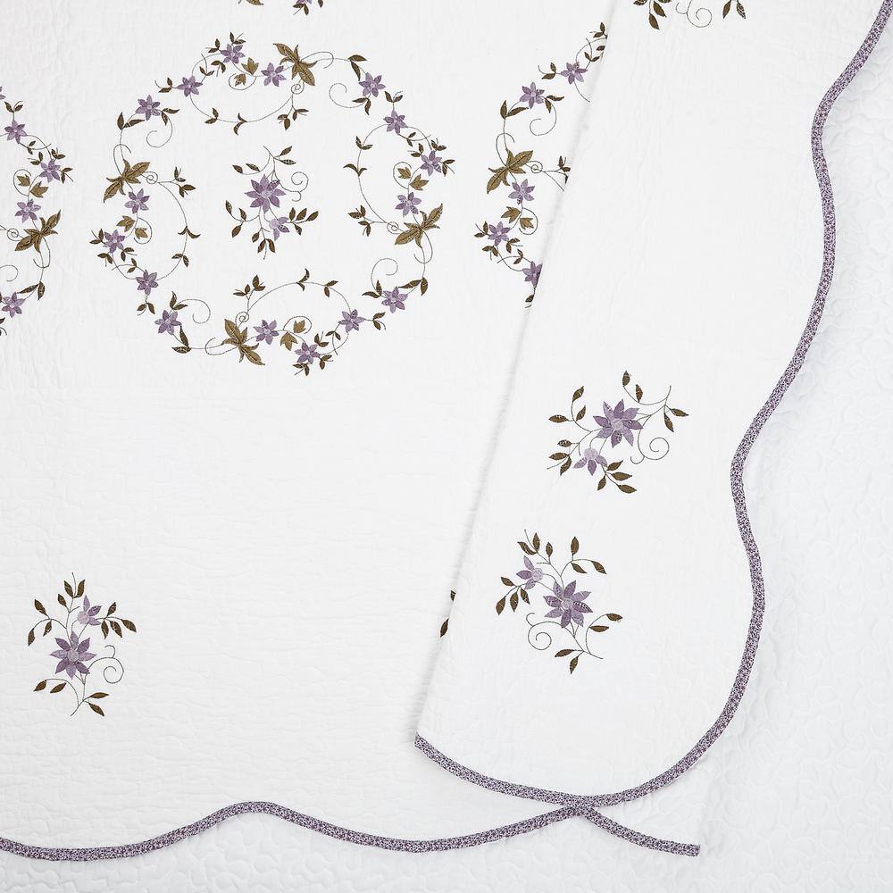 White Cotton Full Quilt Set with Embroidered Floral Design