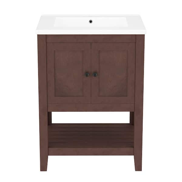 24 in. Freestanding Brown Bath Vanity with White Ceramic Top Unassembled