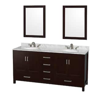 Wyndham Collection Sheffield 72-in Espresso Double Sink Bathroom Vanity with White Carrara Marble Natural Marble Top (Mirror Included)