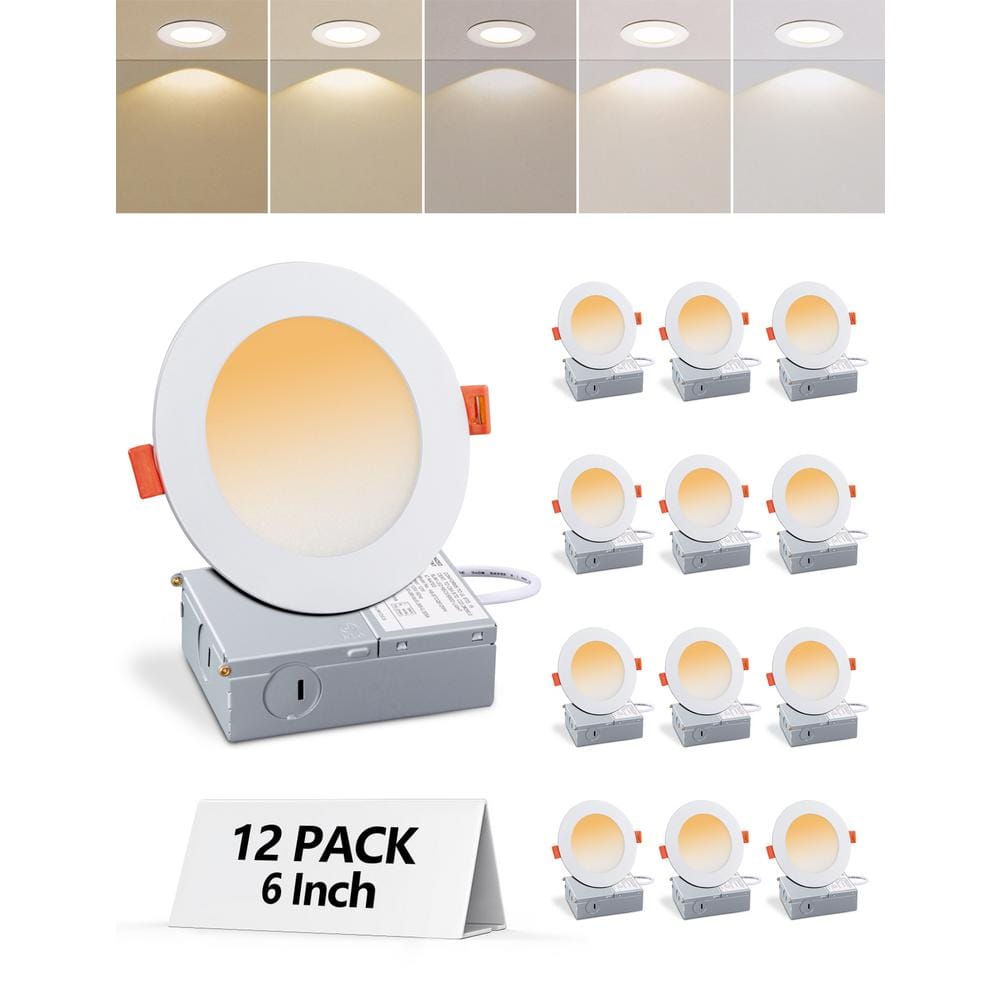 6-Inch White Ultra-Thin Dimmable LED Recessed Lights, 12-Pack