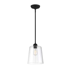 Meridian 9.5 in. W x 11.5 in. H 1-Light Matte Black Pendant Light with Clear Open Glass Shade
