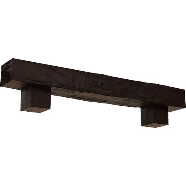 Ekena Millwork 4 in. x 6 in. x 4 ft. Hand Hewn Faux Wood Fireplace Mantel Kit with Alamo Corbels, Premium Hickory