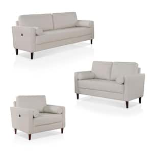Grandover 3-Piece Off-White Faux Leather Sofa Set with Tufted Seating