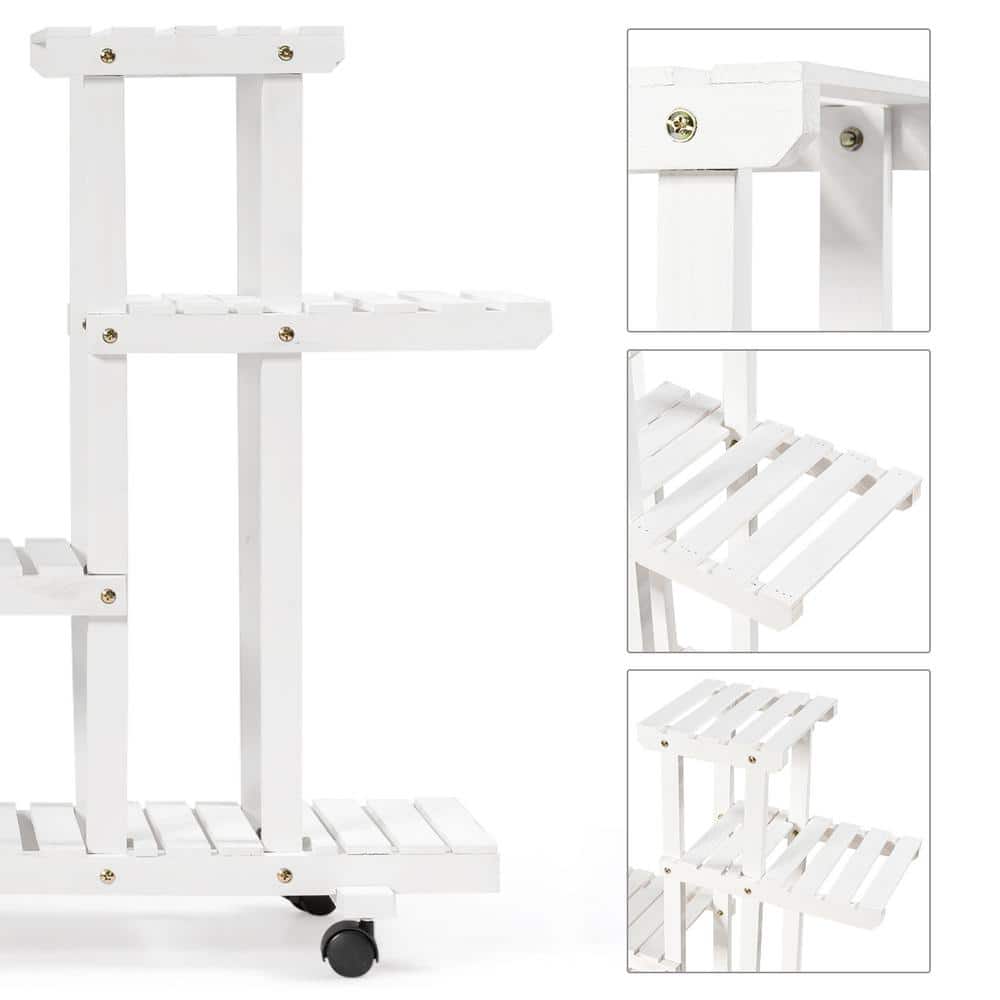 White 4-Tier Rolling Wood Plant Stand with Casters